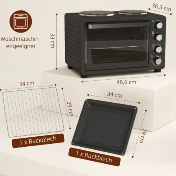 Grill-Ovne & Ovn Med Roterende Stegespyd>Fuleadture Mini Ovn 28L med 2 Warmhalte Plader og Krümelblech, 2600W, Timer, Sort