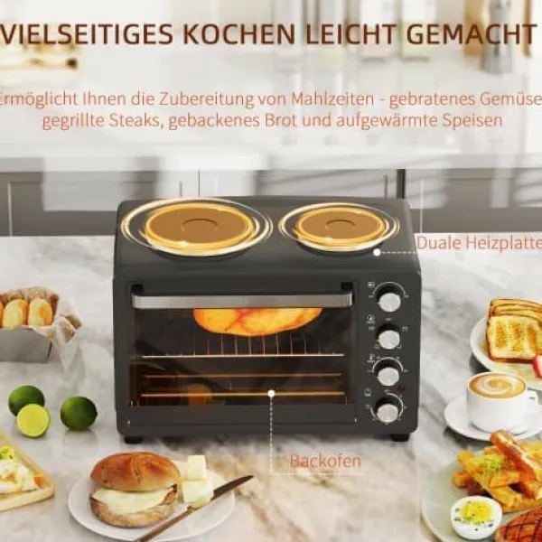 Grill-Ovne & Ovn Med Roterende Stegespyd>Fuleadture Mini Ovn 28L med 2 Warmhalte Plader og Krümelblech, 2600W, Timer, Sort