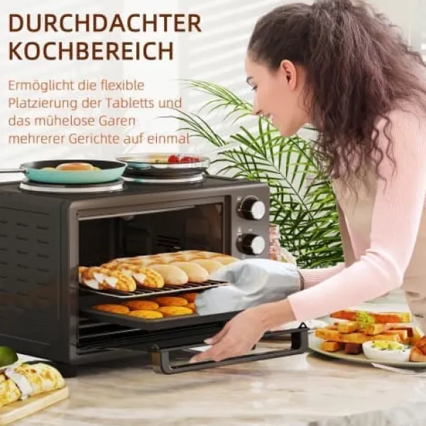 Grill-Ovne & Ovn Med Roterende Stegespyd>Fuleadture Mini Ovn 28L med 2 Warmhalte Plader og Krümelblech, 2600W, Timer, Sort