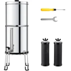 2.25G tyngdekraftvandfilter, bordpladesystem i rustfrit stål, 2 filtre, effektiv vandrensning, kompakt design, holdbar kvalitet.