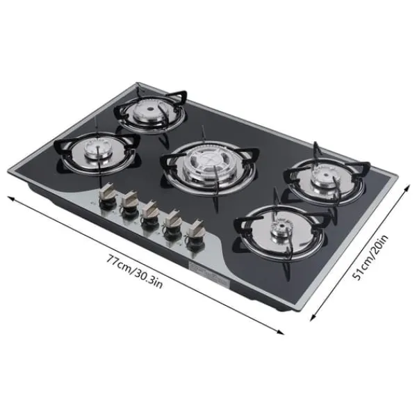 Kogeplader>Gaskogeplade - Indbygget 76 cm - 5 brændere (3,2/2,75/1,75/1,75/1 kW) - Til LPG/naturgas - Batteri-pulstænding - Sort glas 7 mm