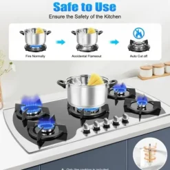 Gaskogeplade - Indbygningsmodel - 5 Brændere - Hærdet Glas - Naturgas & LPG/Propan - Batteritænding Best