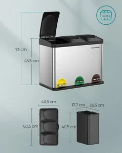 Genbrugsspand, pedalspand, 45-liters metalskraldespand, affaldssorteringssystem til køkken, holdbar, 3 x 15 liter, rustfrit stål, sølv og sort LTB45L | CDON Outlet