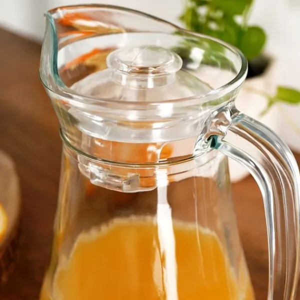 Glas>Glaskande til drikkevarer, vand, juice, citronvand, med låg, 1,4 l