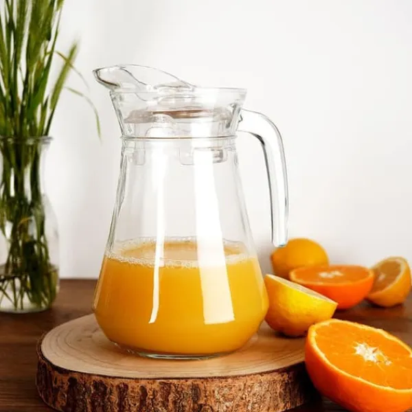 Glas>Glaskande til drikkevarer, vand, juice, citronvand, med låg, 1,4 l