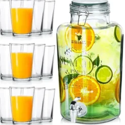 Glaskrukke med hane 8 l + 12 glas 200 ml New