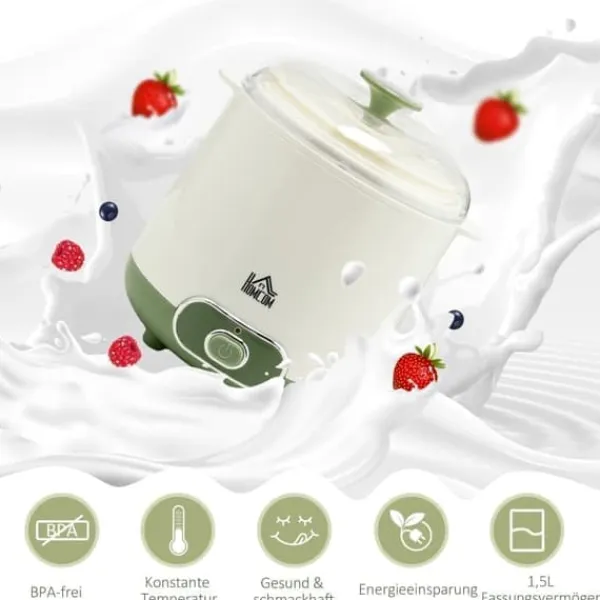 Græsk yoghurtmaskine, 1,5 liter med 2 glaskrukker og si, 20 W, til 3-5 personer, hvid New