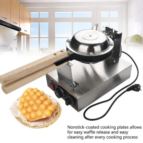 Vaffeljern>Ægvaffeljern Bubble Waffle - Elektrisk vaffelmaskine - Nonstick-belagte plader - Rustfrit stål - Træhåndtag - Sort