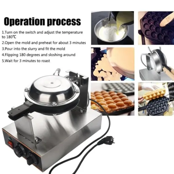 Vaffeljern>Ægvaffeljern Bubble Waffle - Elektrisk vaffelmaskine - Nonstick-belagte plader - Rustfrit stål - Træhåndtag - Sort