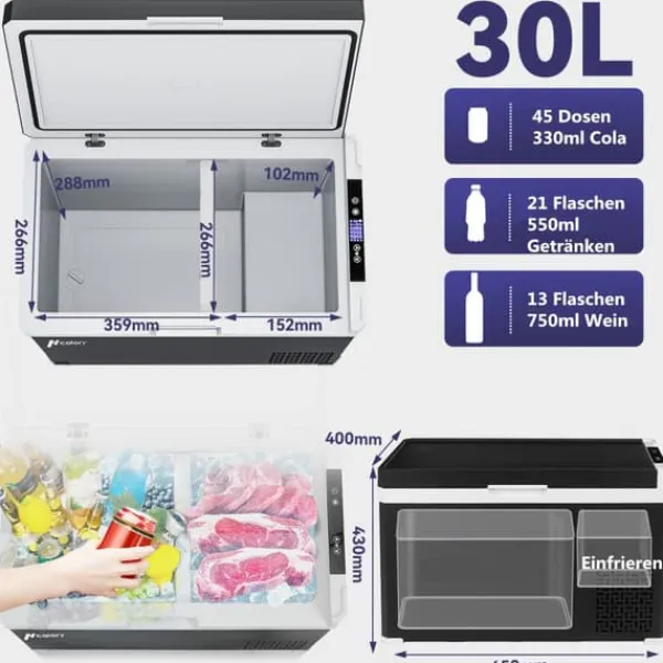 Hcalory Elektrisk køleboks, Kompressor Køleskab Mini, Kapacitet: 30L, 12V/24V 110-240V Hot