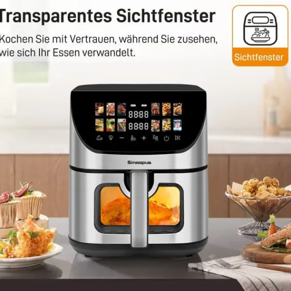 Fritøse>Heißluftfritteuse XXL 8,5L med vindues- og farveskærm, 12 programmer, LED-touchskærm, nem at rengøre