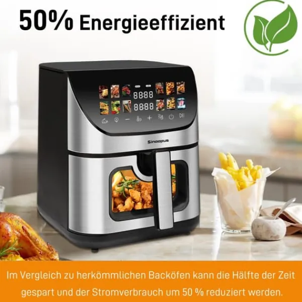 Fritøse>Heißluftfritteuse XXL 8,5L med vindues- og farveskærm, 12 programmer, LED-touchskærm, nem at rengøre