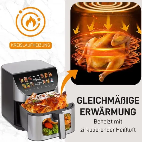 Fritøse>Heißluftfritteuse XXL 8,5L med vindues- og farveskærm, 12 programmer, LED-touchskærm, nem at rengøre