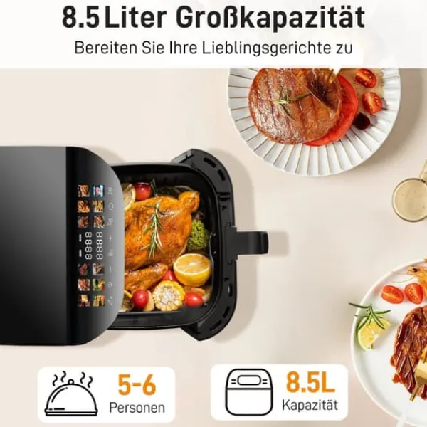Fritøse>Heißluftfritteuse XXL 8,5L med vindues- og farveskærm, 12 programmer, LED-touchskærm, nem at rengøre