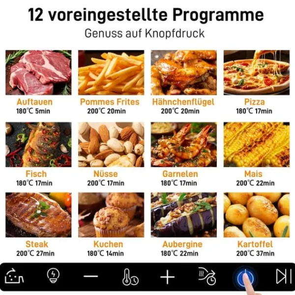 Fritøse>Heißluftfritteuse XXL 8,5L med vindues- og farveskærm, 12 programmer, LED-touchskærm, nem at rengøre