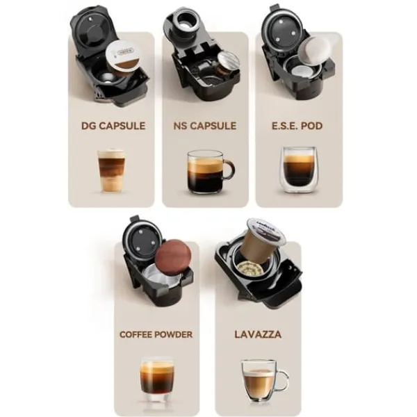 HiBREW H2C 20Bar Multifunktionel Kaffemaskine, kompatibel med Lavazza, DG, NS kaffekapsler og friskmalet kaffe - sort Hot