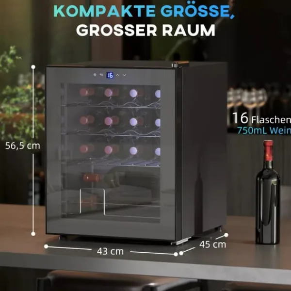 Vinkøleskabe>HOMCOM Fritstående Vinkøleskab til 16 flasker, Sort Metal, Touchskærm, Glasdør