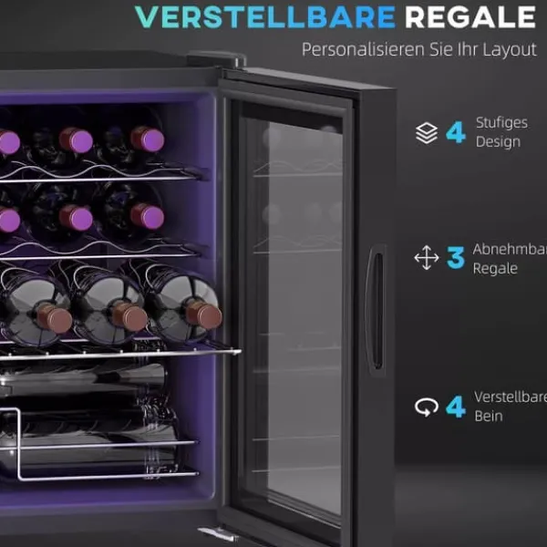 Vinkøleskabe>HOMCOM Fritstående Vinkøleskab til 16 flasker, Sort Metal, Touchskærm, Glasdør