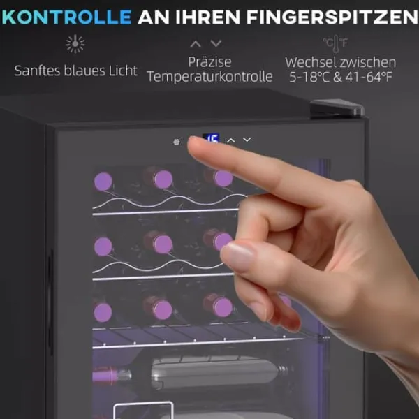 Vinkøleskabe>HOMCOM Fritstående Vinkøleskab til 16 flasker, Sort Metal, Touchskærm, Glasdør