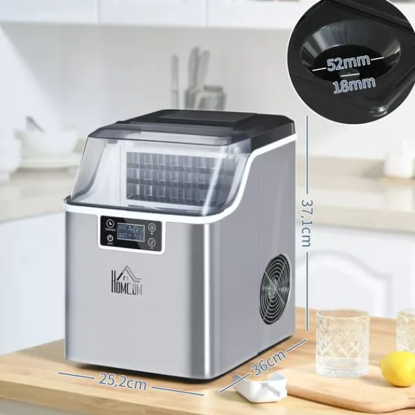 Isproducenter>HOMCOM Ismaskine 20 kg/24 timer, Rustfrit Stål, Sølv - Kompakt og Selvrensende