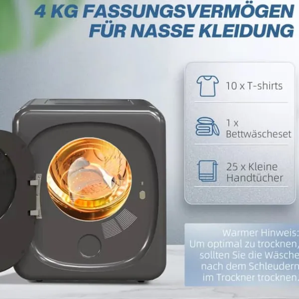 HOMCOM mini tørretumbler, 4 kg, 6 programmer, LED touchskærm, 800W, fritstående/vægmonterbar, aftræk, overophedningsbeskyttelse, grå Outlet