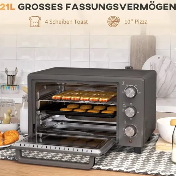 Grill-Ovne & Ovn Med Roterende Stegespyd>HOMCOM miniovn 21L, 1400W, rustfrit stål, grå - justerbar temperatur og timer til alsidig madlavning