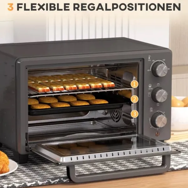 Grill-Ovne & Ovn Med Roterende Stegespyd>HOMCOM miniovn 21L, 1400W, rustfrit stål, grå - justerbar temperatur og timer til alsidig madlavning