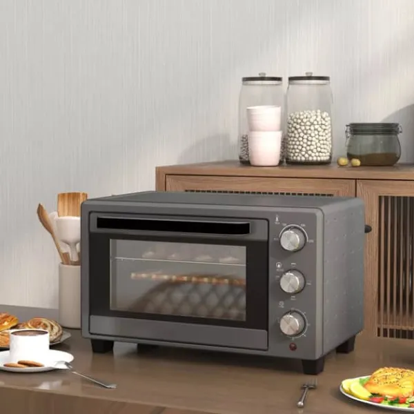 Grill-Ovne & Ovn Med Roterende Stegespyd>HOMCOM miniovn 21L, 1400W, rustfrit stål, grå - justerbar temperatur og timer til alsidig madlavning