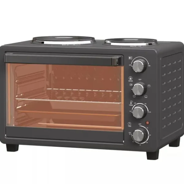 Grill-Ovne & Ovn Med Roterende Stegespyd>HOMCOM Miniovn med Kogeplader 28L, Sort - Multifunktionel ovn med 2 kogeplader, grill, 2600W, 100-230°C, timer, inkl. tilbehør