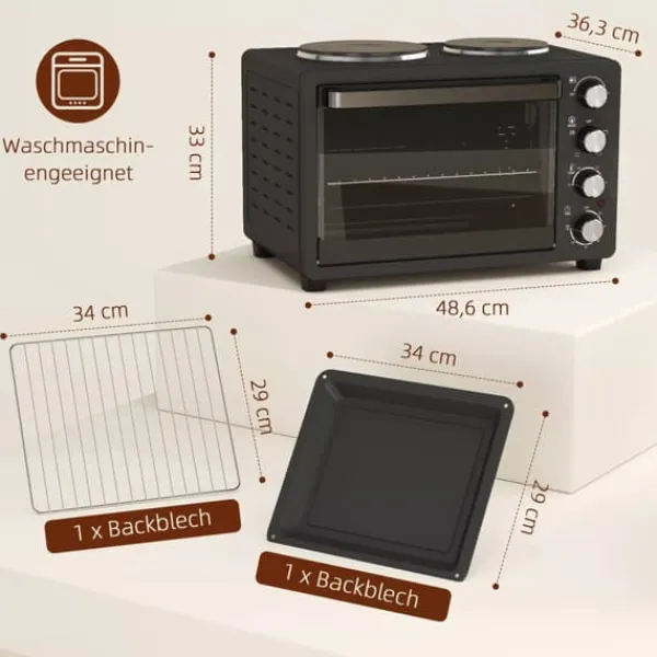 Grill-Ovne & Ovn Med Roterende Stegespyd>HOMCOM Miniovn med Kogeplader 28L, Sort - Multifunktionel ovn med 2 kogeplader, grill, 2600W, 100-230°C, timer, inkl. tilbehør