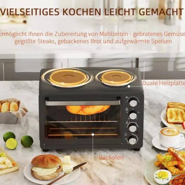 Grill-Ovne & Ovn Med Roterende Stegespyd>HOMCOM Miniovn med Kogeplader 28L, Sort - Multifunktionel ovn med 2 kogeplader, grill, 2600W, 100-230°C, timer, inkl. tilbehør