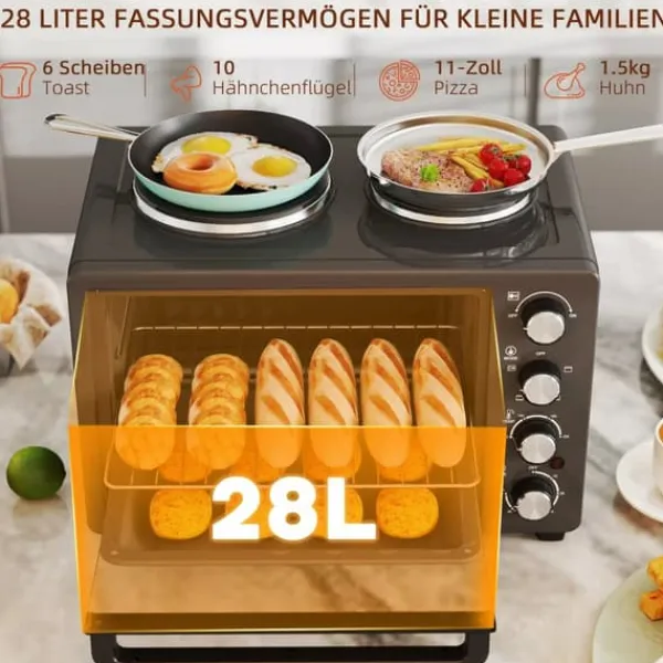 Grill-Ovne & Ovn Med Roterende Stegespyd>HOMCOM Miniovn med Kogeplader 28L, Sort - Multifunktionel ovn med 2 kogeplader, grill, 2600W, 100-230°C, timer, inkl. tilbehør