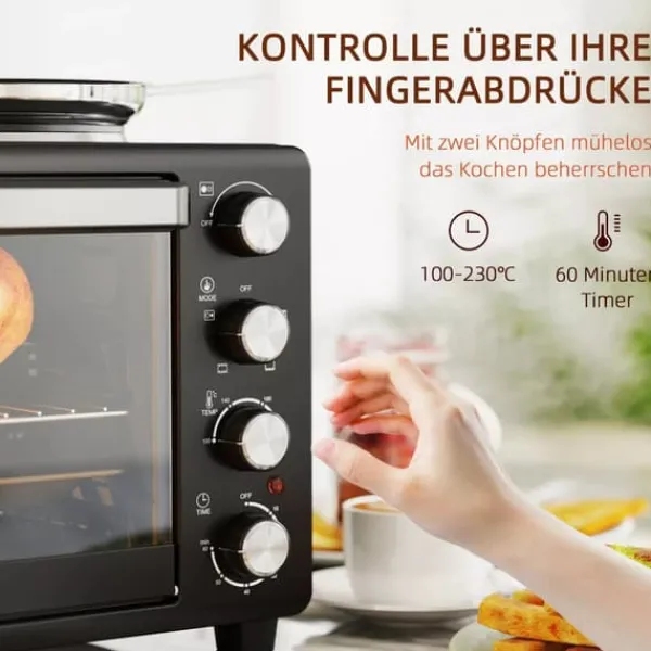 Grill-Ovne & Ovn Med Roterende Stegespyd>HOMCOM Miniovn med Kogeplader 28L, Sort - Multifunktionel ovn med 2 kogeplader, grill, 2600W, 100-230°C, timer, inkl. tilbehør