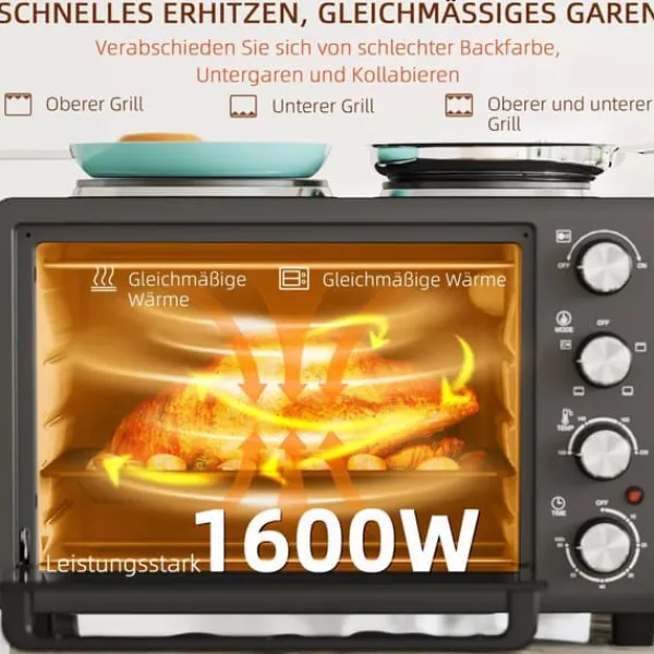 Grill-Ovne & Ovn Med Roterende Stegespyd>HOMCOM Miniovn med Kogeplader 28L, Sort - Multifunktionel ovn med 2 kogeplader, grill, 2600W, 100-230°C, timer, inkl. tilbehør