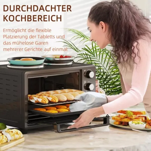 Grill-Ovne & Ovn Med Roterende Stegespyd>HOMCOM Miniovn med Kogeplader 28L, Sort - Multifunktionel ovn med 2 kogeplader, grill, 2600W, 100-230°C, timer, inkl. tilbehør