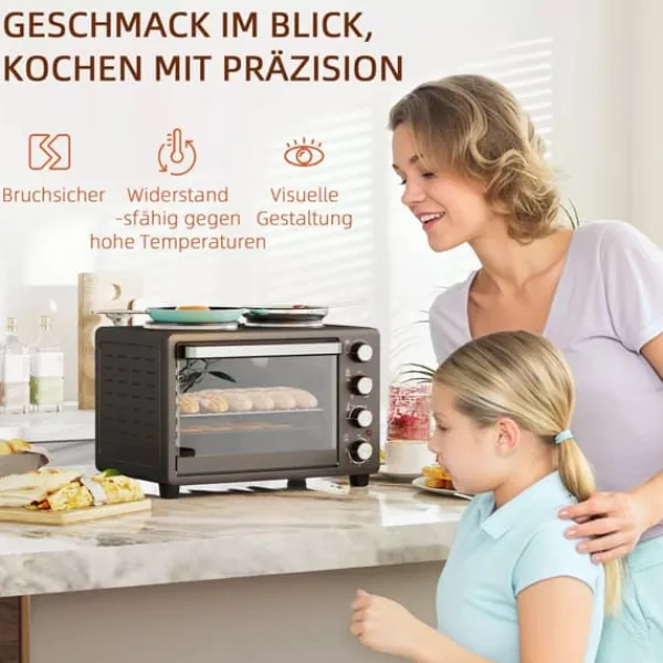 Grill-Ovne & Ovn Med Roterende Stegespyd>HOMCOM Miniovn med Kogeplader 28L, Sort - Multifunktionel ovn med 2 kogeplader, grill, 2600W, 100-230°C, timer, inkl. tilbehør
