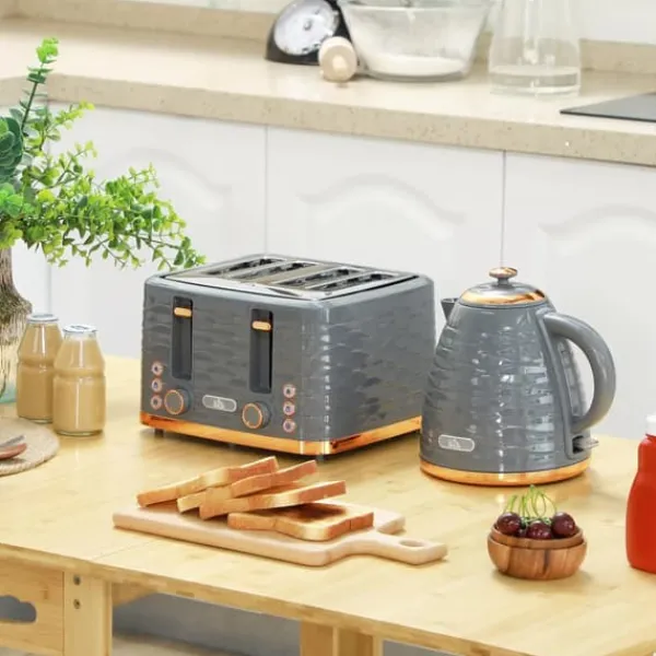 Brødristere, Raclettegrills Og Sandwichtoastere>HOMCOM Morgenmads-sæt: Elkedel (1,7L) og Brødrister (4 skiver) i elegant grå - perfekt til ethvert køkken