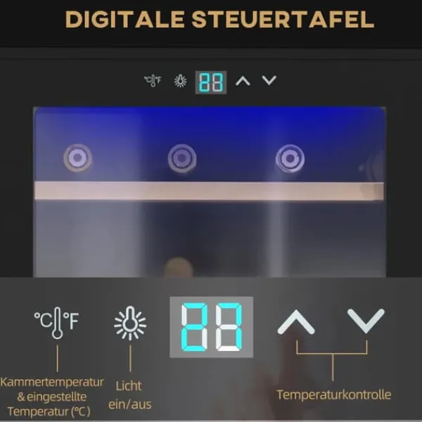 Vinkøleskabe>HOMCOM Vinkøleskab, 65 L Køleskab til drikkevarer til 24 flasker, Flaskekøleskab, Vinklimaskab med indvendigt lys, 5-20°C, Touch, Sort