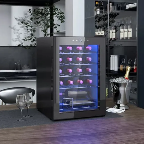 HOMCOM Vinkøleskab til 20 flasker - 53L, 5-18°C kompressorkøler med UV-glasdør, LED-lys. Sort metal Discount