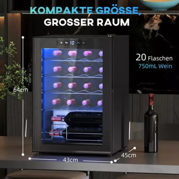 HOMCOM Vinkøleskab til 20 flasker - 53L, 5-18°C kompressorkøler med UV-glasdør, LED-lys. Sort metal Discount