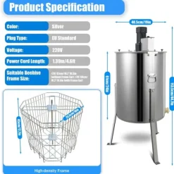 Honning slynge - Elektrisk 4-ramme - Rustfrit stål - Hastighed 270 o/min - Kapacitet 10 kg - Sølv Discount