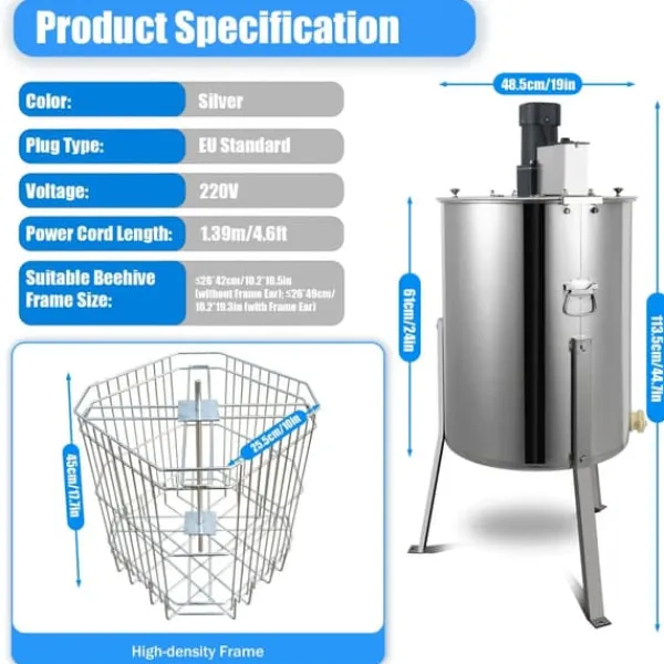 Honning slynge - Elektrisk 4-ramme - Rustfrit stål - Hastighed 270 o/min - Kapacitet 10 kg - Sølv Discount