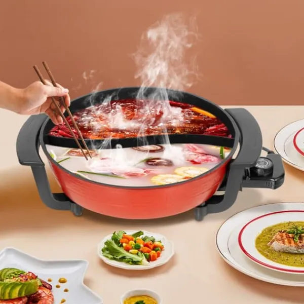 Elektriske Stegepander & Wokker>Hot Pot, 6L kapacitet, 1360W effekt, 220V spænding, 5 temperaturindstillinger, 31cm diameter