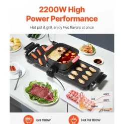 Griller>Hot Pot med Grill 2300W, 2-i-1 Elektrisk Grill, Røgfri, Aftagelig Gryde