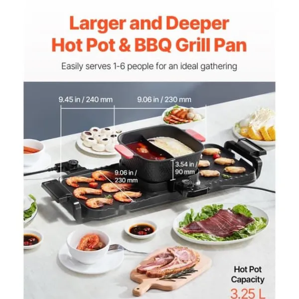 Griller>Hot Pot med Grill 2300W, 2-i-1 Elektrisk Grill, Røgfri, Aftagelig Gryde