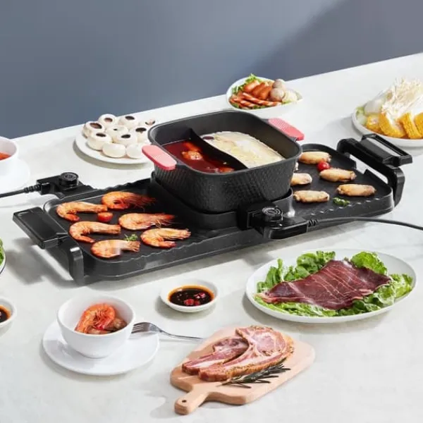 Griller>Hot Pot med Grill 2300W, 2-i-1 Elektrisk Grill, Røgfri, Aftagelig Gryde