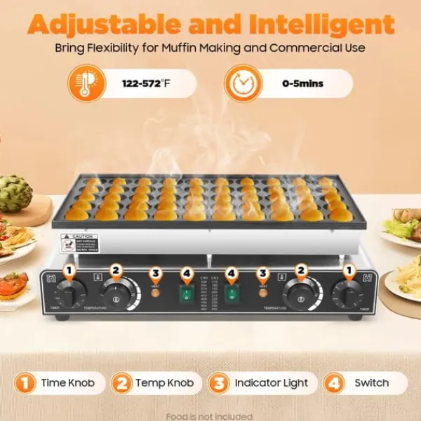 50-huls elektrisk mini pandekagemaskine - Kommercielt vaffeljern - Timer - Non-stick belægning - 50–300 °C - Lys sølv New