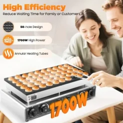 50-huls elektrisk mini pandekagemaskine - Kommercielt vaffeljern - Timer - Non-stick belægning - 50–300 °C - Lys sølv New