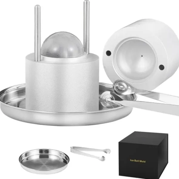 Barudstyrssæt>Ice Ball Press, 2,4" isterningepresser i aluminiumslegering til 60 mm isfære. Inkluderer tang og drypbakke til whisky, cocktails og fest. Sølv.