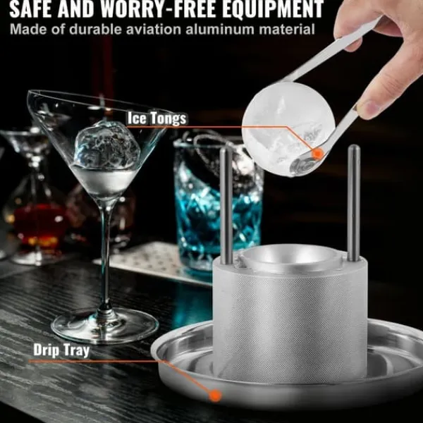 Barudstyrssæt>Ice Ball Press, 2,4" isterningepresser i aluminiumslegering til 60 mm isfære. Inkluderer tang og drypbakke til whisky, cocktails og fest. Sølv.
